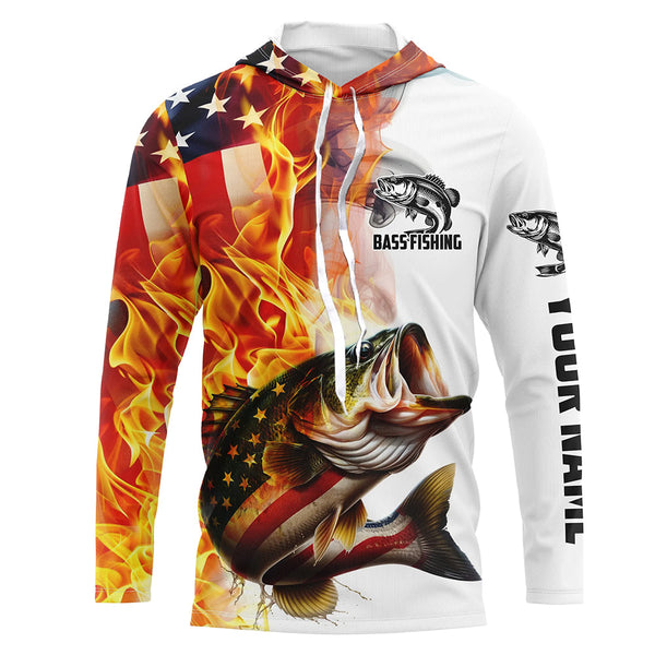 Flame American Flag Custom Bass Fishing Shirts, Patriotic Bass Long Sleeve Fishing Jerseys IPHW5966