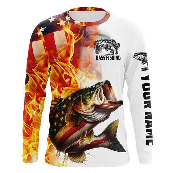 Flame American Flag Custom Bass Fishing Shirts, Patriotic Bass Long Sleeve Fishing Jerseys IPHW5966