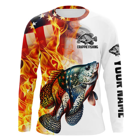 Flame American Flag Custom Crappie Fishing Shirts, Patriotic Crappie Long Sleeve Fishing Jerseys IPHW5967