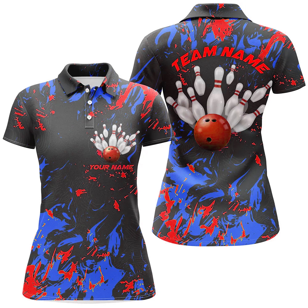 Blue And Red Camo Bowling Team Shirts Custom Women Polo Shirts Bowling League Shirts IPHW5363