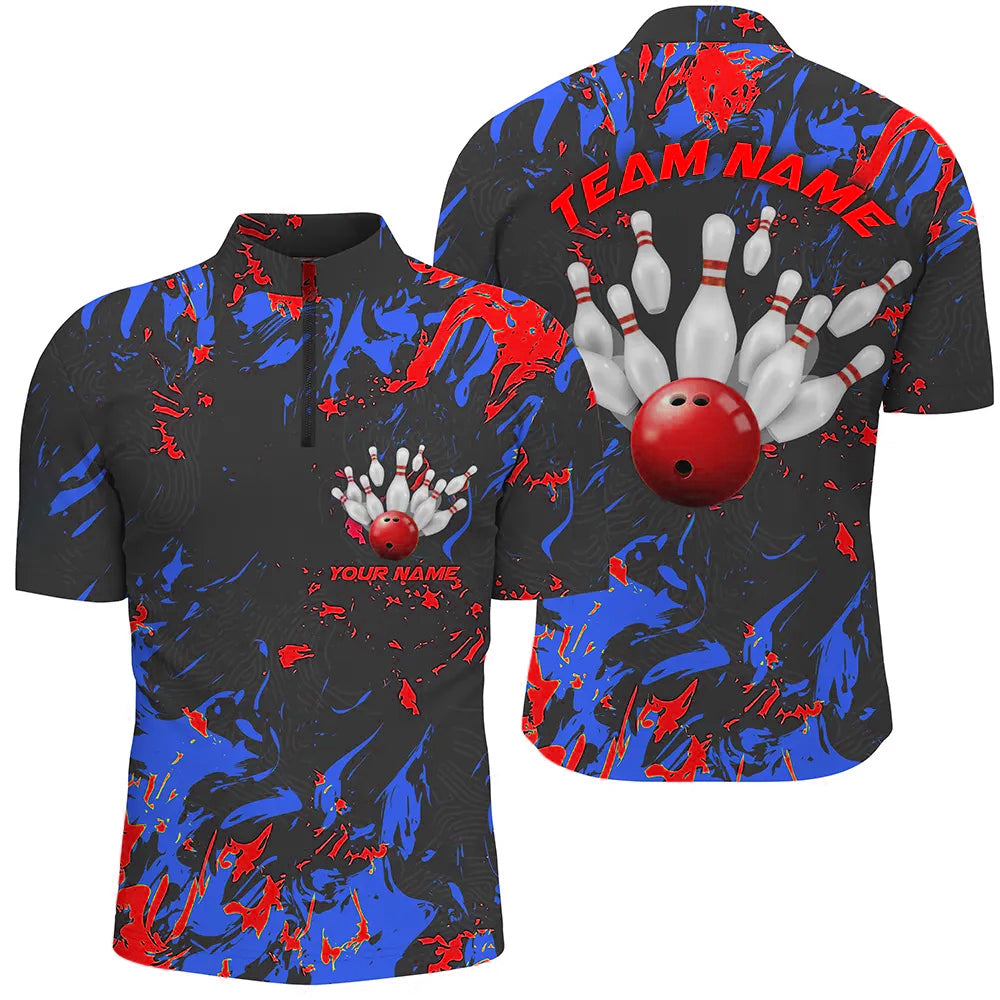 Blue And Red Camo Bowling Team Shirts Custom Men Quarter Zip Shirts Bowling League Shirts IPHW5363