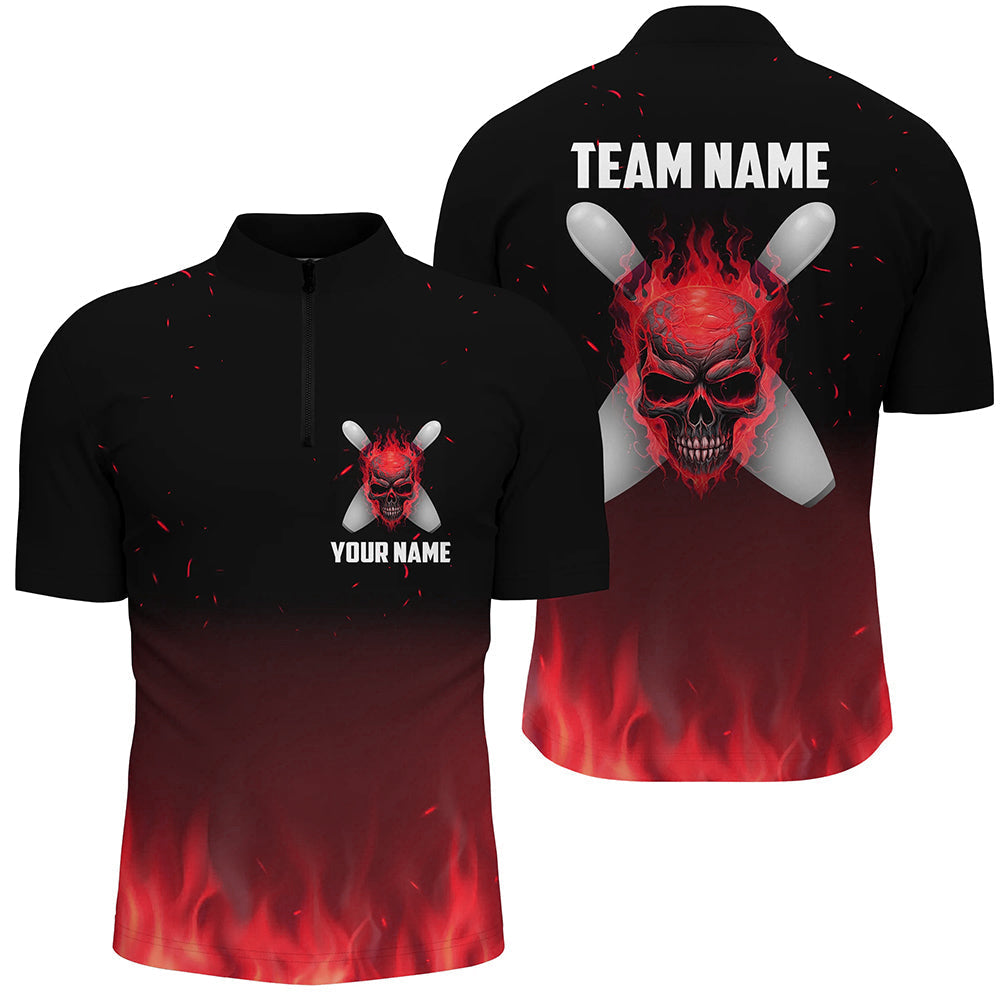 Red Flame Skull Bowling Quarter Zip Shirts Men Custom Team Bowling Jerseys Halloween Outfits IPHW5374