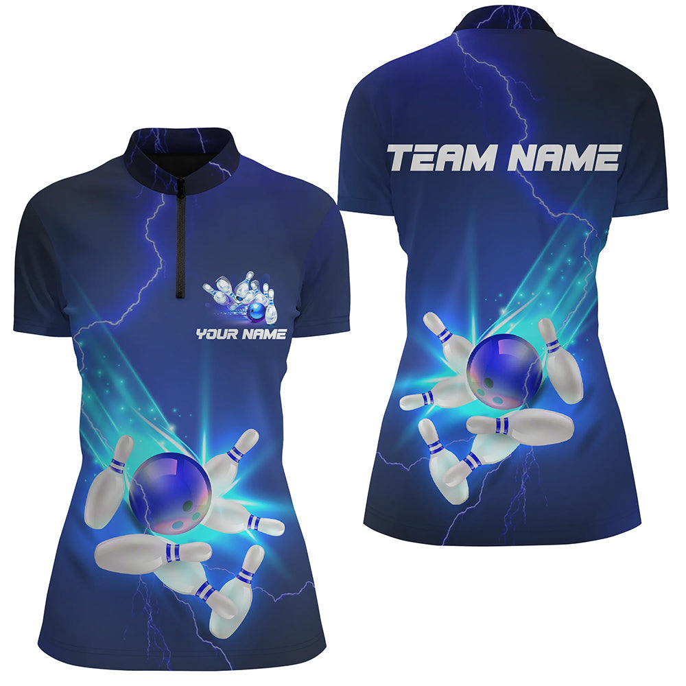 Custom Blue Thunder Lightning Quarter Zip Bowling Shirts Strike Women Bowling Team Jerseys IPHW5381