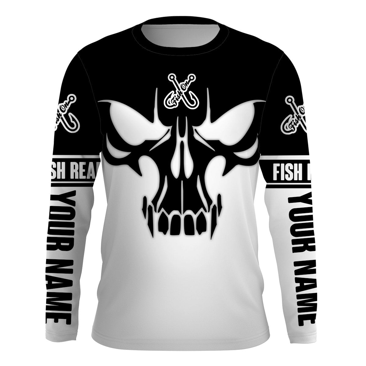 Black and White Fish Reaper Fish Skull Custom Long Sleeve Fishing Shirts, Fish on Clothing UV Protection UPF 30+ - IPHW715