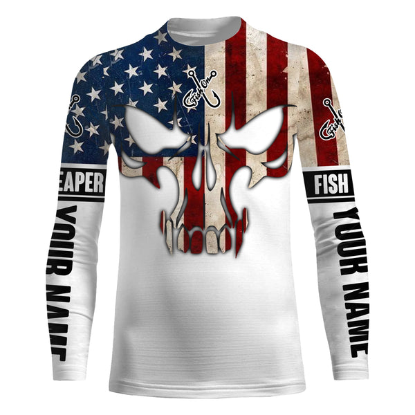 American Flag Fishing skull Fish reaper Custom Long sleeve Shirts UV, personalized Patriotic Fishing gifts - IPHW829