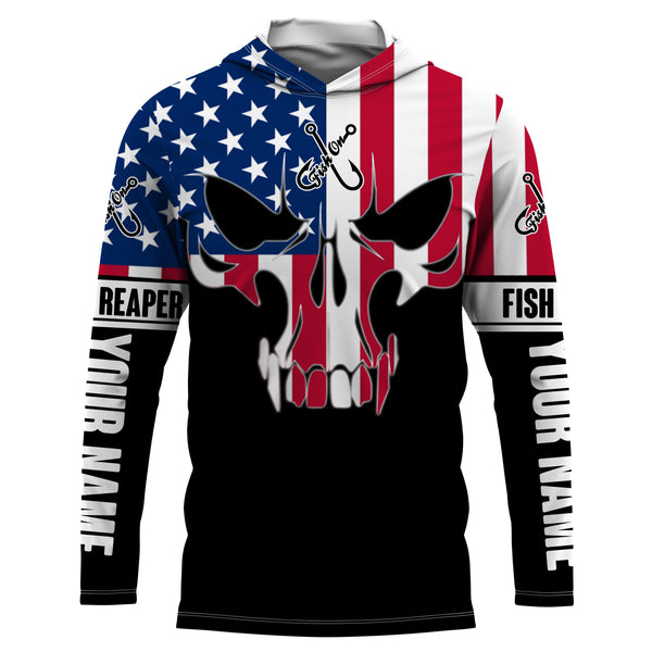 American Flag Fish reaper Custom UV Long sleeve Fishing Shirts, personalized Patriotic Fishing skull gifts - IPHW843