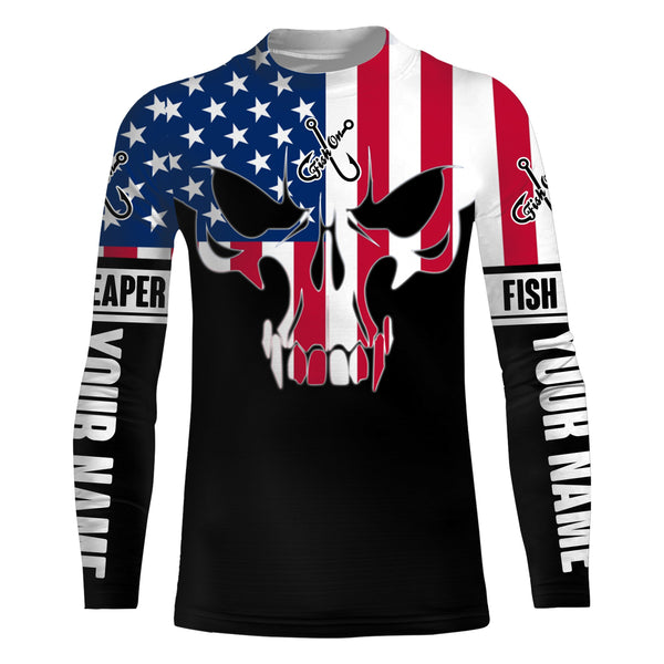 American Flag Fish reaper Custom UV Long sleeve Fishing Shirts, personalized Patriotic Fishing skull gifts - IPHW843