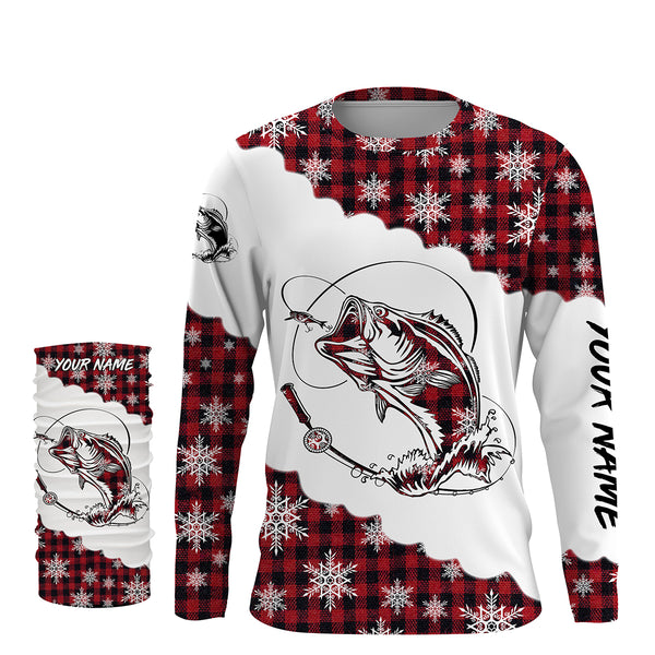 Bass Fishing Red Plaid Custom Long Sleeve Fishing Shirts, Christmas Bass Fishing gifts - IPHW1871