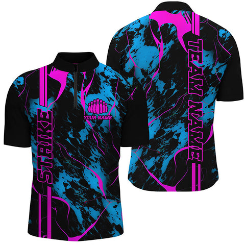 Custom Blue Pink Strike Bowling Shirts Men Quarter Zip Camo Bowling Team Jerseys Bowling League IPHW5387