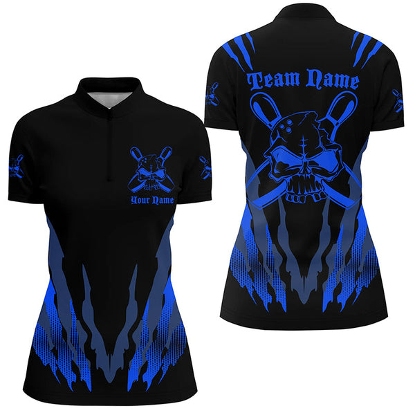 Custom Bowling Shirts For Women, Skull Bowling Team Shirts Bowling Pin | Blue IPHW4482
