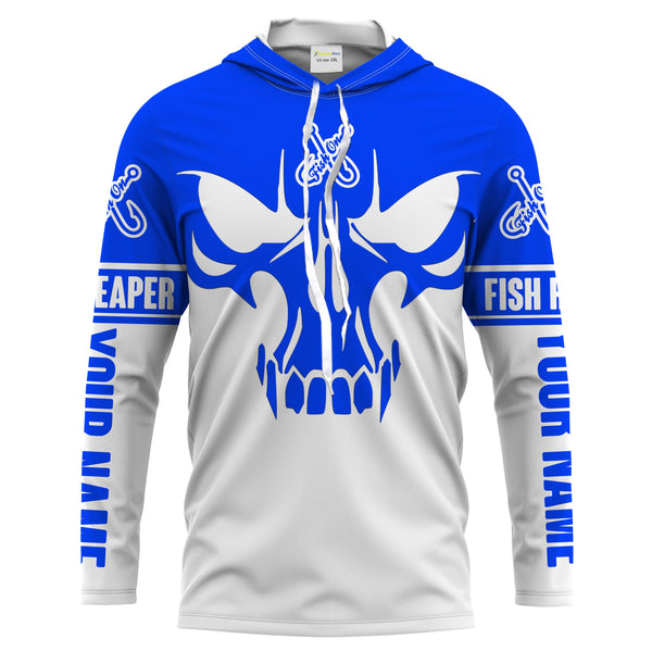 Fish on Fish Reaper Skull Custom UV Long sleeve performance Fishing Shirts, personalized Fishing apparel | blue - IPHW1566