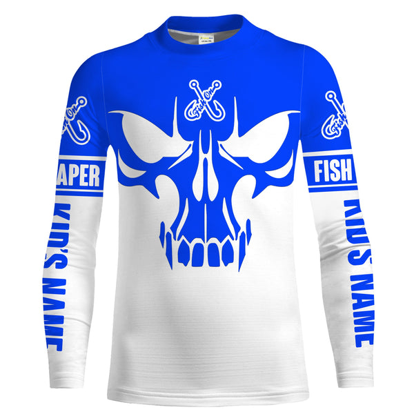 Fish on Fish Reaper Skull Custom UV Long sleeve performance Fishing Shirts, personalized Fishing apparel | blue - IPHW1566