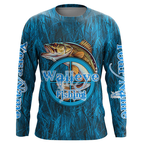 Personalized Walleye Long Sleeve Fishing Shirts, Walleye Tournament Fishing Shirts | Blue Camo IPHW5737