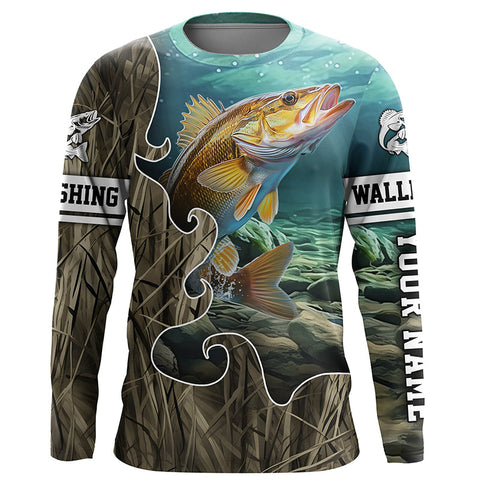 Lake Camo Walleye Fishing Custom Long Sleeve Fishing Shirts, Walleye Tournament Fishing Jerseys IPHW5742