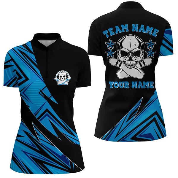 Custom Skull Bowling Shirts For Women, Skull Bowling Team Jerseys | Blue IPHW4498
