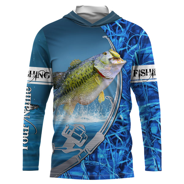 Largemouth Bass Fishing blue camo Custom Long sleeve performance Fishing Shirts | Bass Fishing jerseys - IPHW1898