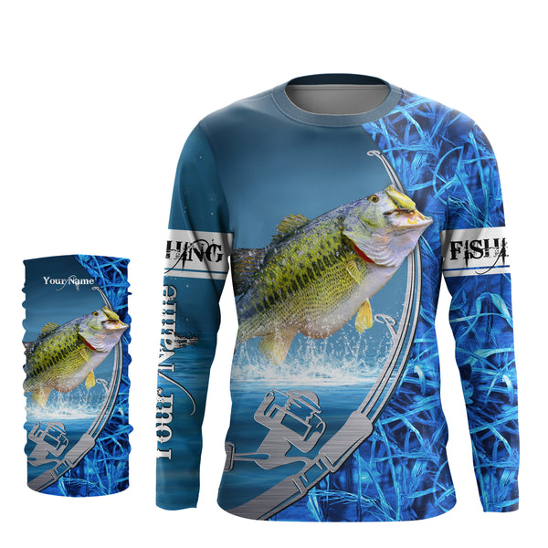 Largemouth Bass Fishing blue camo Custom Long sleeve performance Fishing Shirts | Bass Fishing jerseys - IPHW1898