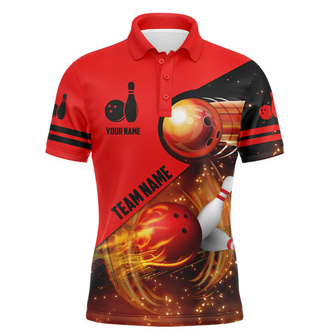 Men polo shirt Custom Red Flame Bowling Shirts For Men, Bowling Team Polo Shirts Flaming Bowling Ball IPHW3805