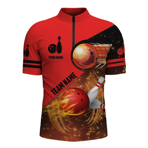 Men Quarter Zip Custom Red Flame Bowling Shirts For Men, Bowling Team Quarter Zip Shirts Flaming Bowling Ball IPHW3805