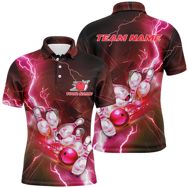 Lightning Strike Custom Red Bowling Polo Shirts, Bowling Team Jerseys For Men IPHW5221