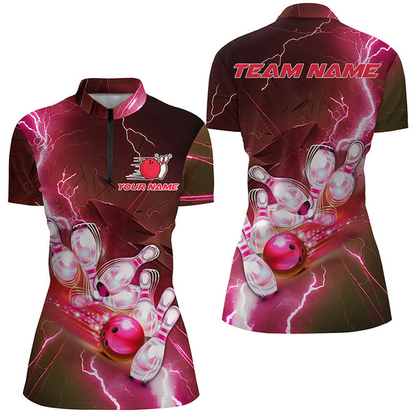 Lightning Strike Custom Red Bowling Polo Shirts, Bowling Team Jerseys For Men IPHW5221