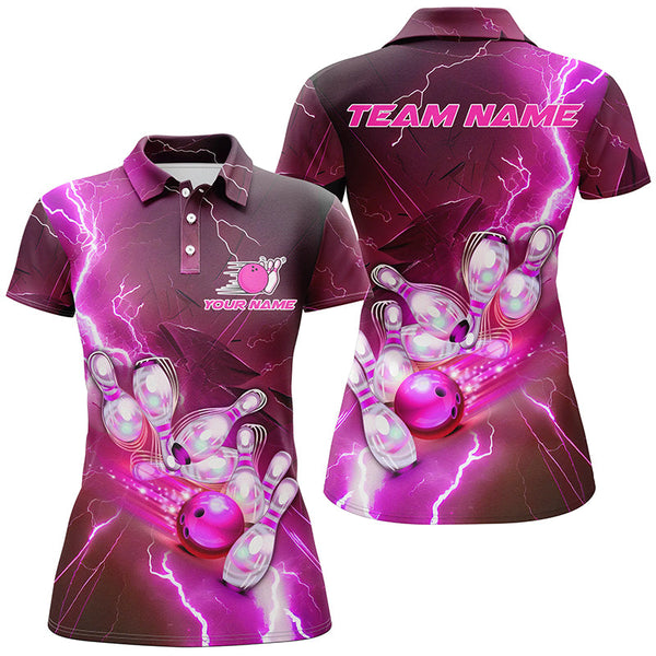 Lightning Strike Custom Pink Bowling Polo Shirts, Bowling Team Jerseys For Men IPHW5222