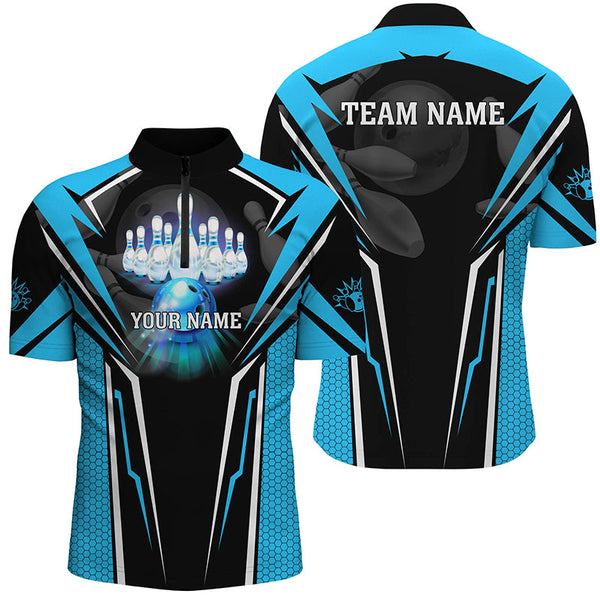 Custom Cyan Blue Bowling Polo Shirts For Men, Strike Bowling Team Jerseys Bowlers Outfits IPHW5224