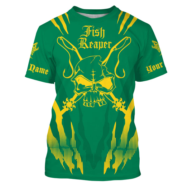 Fish reaper Custom Long Sleeve performance Fishing Shirts, Skull Fishing jerseys | green IPHW3175