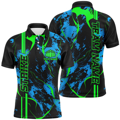 Black, Green And Blue Strike Bowling Polo Shirts, Custom Mens Bowling Team Shirts Bowling Jerseys IPHW5263