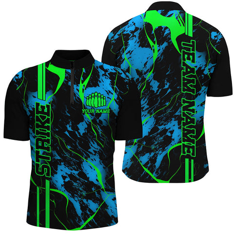Black, Green And Blue Strike Bowling Quarter Zip Shirts, Custom Mens Bowling Team Shirts IPHW5263