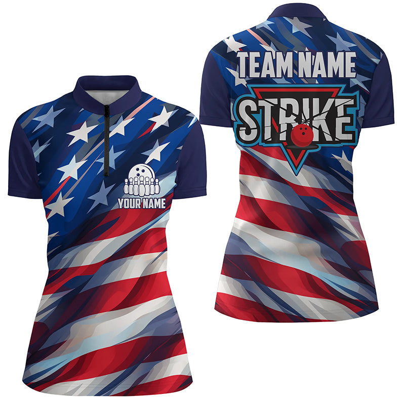 Custom American Flag Strike Bowling Quarter Zip Shirts For Women, Patriotic Bowling Jerseys IPHW5265