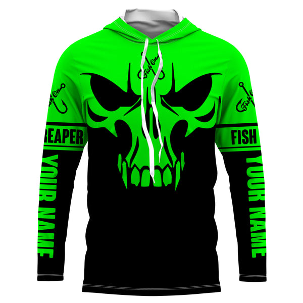 Fish Reaper skull Custom long sleeve performance Fishing Shirts | black and green IPHW3201