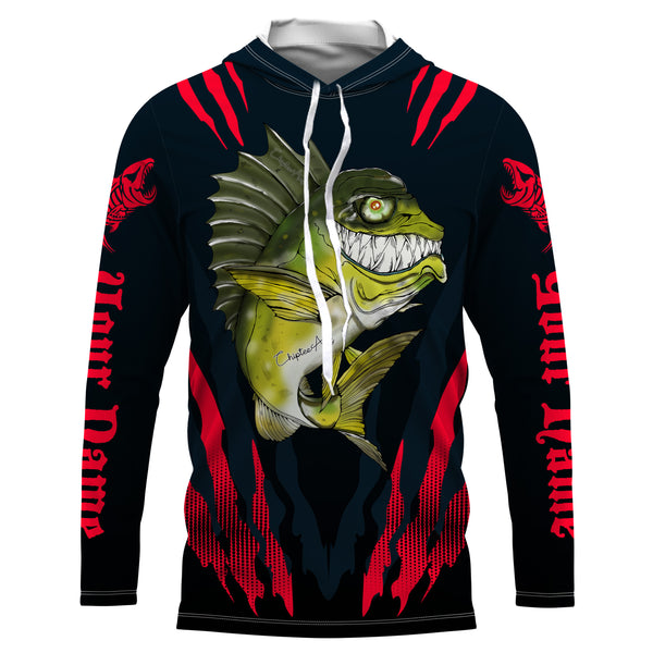 Angry Bass Fishing Custom Long sleeve Fishing Shirts, Bass fish reaper fishing jerseys | red IPHW3376