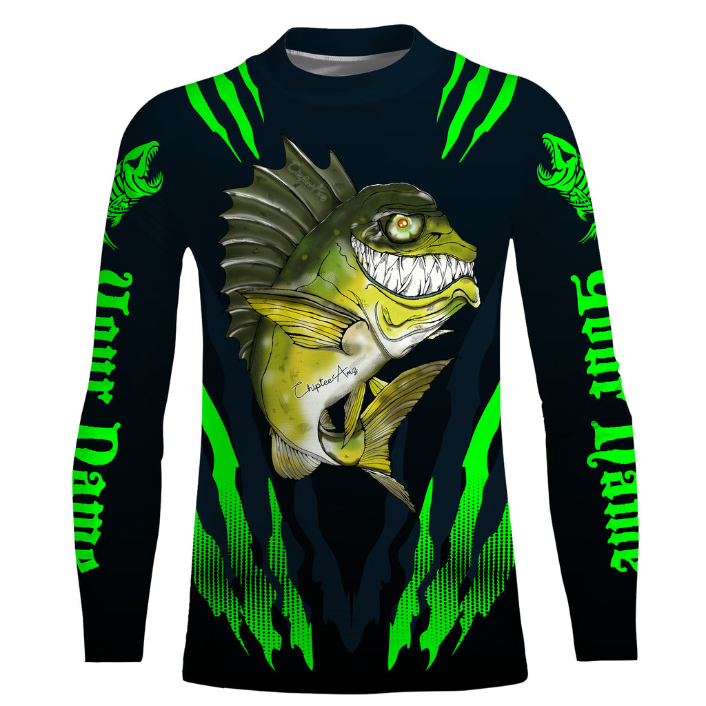 Angry Bass Fishing Custom Long Sleeve Fishing Shirts, Bass Fish Reaper Fishing Jerseys | Green IPHW3374 Long Sleeves UPF / S