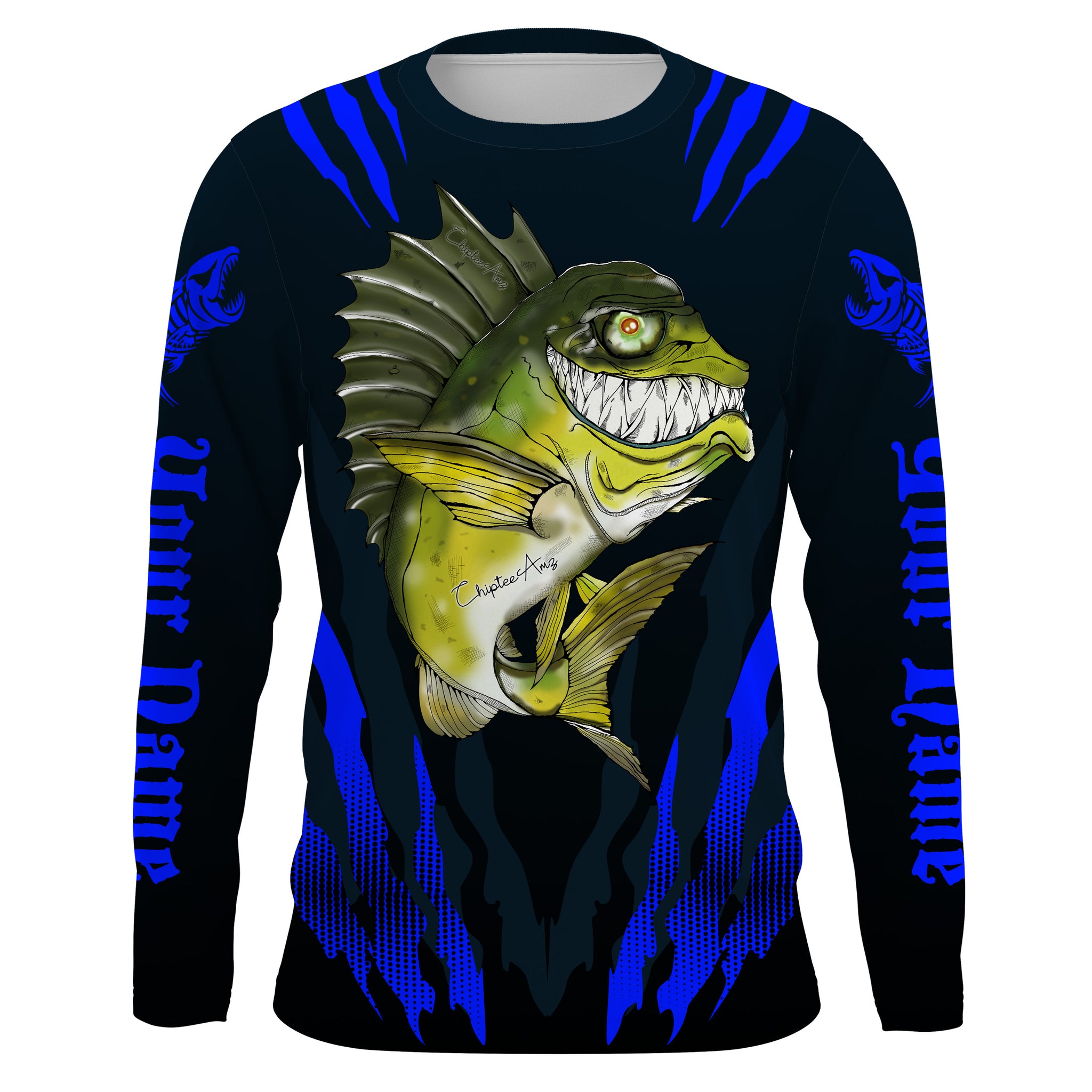Angry Bass Fishing Custom Long sleeve Fishing Shirts, Bass fish reaper fishing jerseys | blue IPHW3375