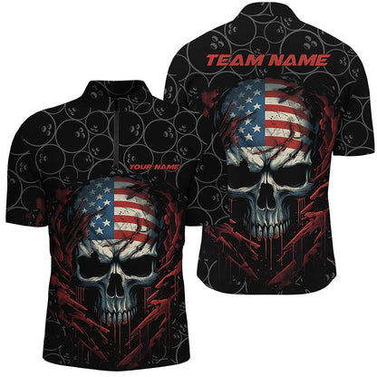 Custom American Flag Skull Bowling Shirts For Men, Patriotic Team Bowling Jerseys IPHW5160