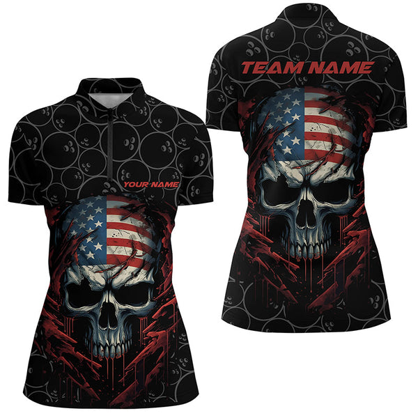 Custom American Flag Skull Bowling Shirts For Women, Patriotic Team Bowling Jerseys IPHW5160
