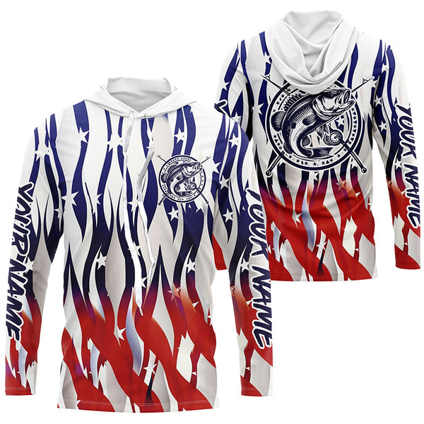 Flaming American Flag Custom Bass Long Sleeve Fishing Shirts, Patriotic Bass Fishing Jerseys IPHW5979