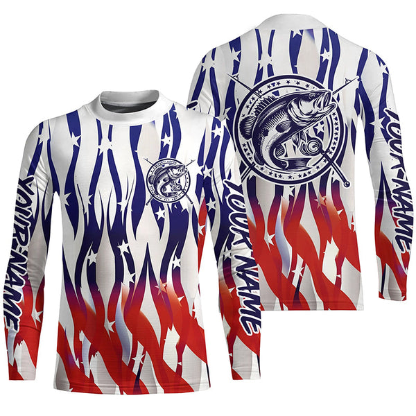 Flaming American Flag Custom Bass Long Sleeve Fishing Shirts, Patriotic Bass Fishing Jerseys IPHW5979