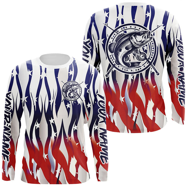 Flaming American Flag Custom Bass Long Sleeve Fishing Shirts, Patriotic Bass Fishing Jerseys IPHW5979