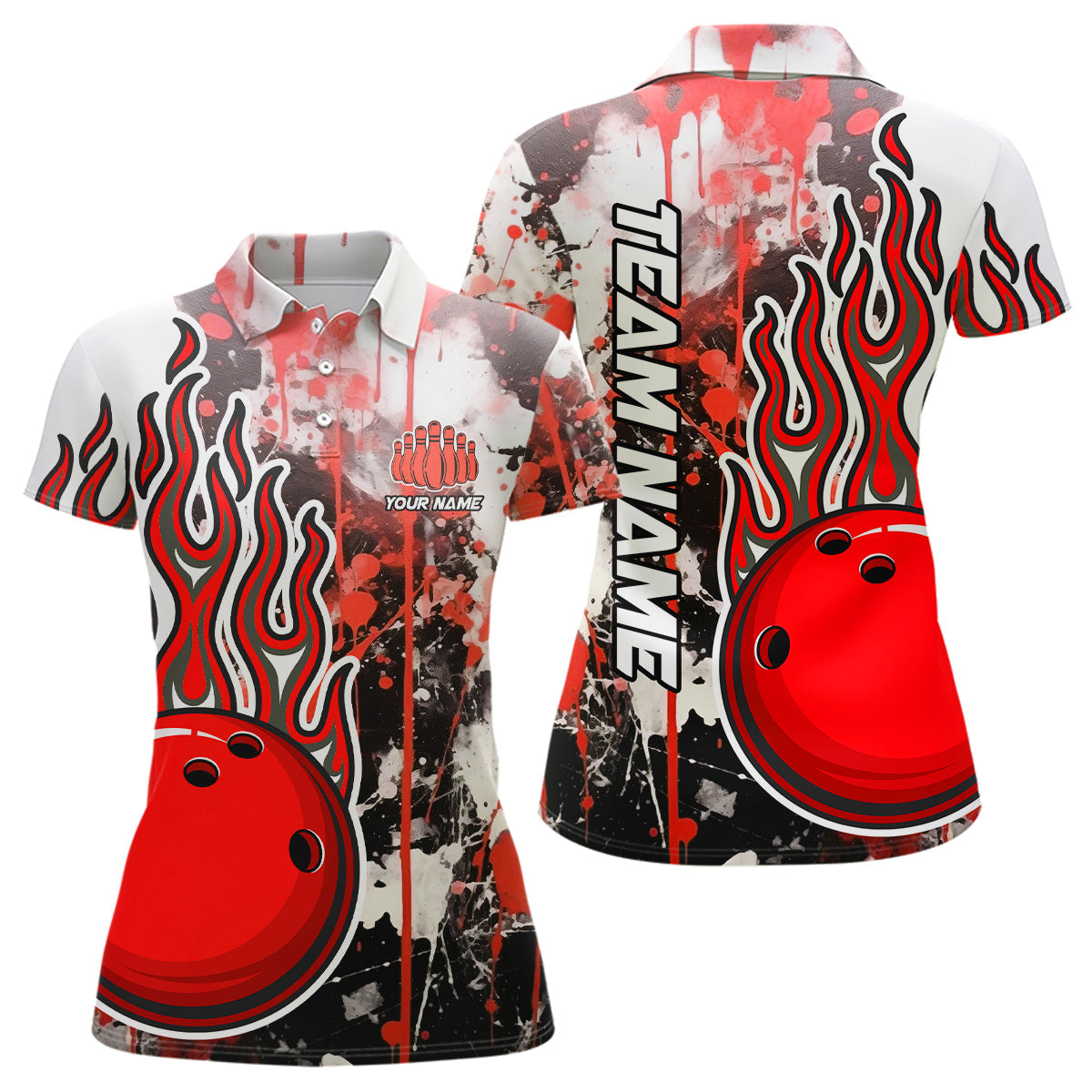 Red Camo Flame Bowling Polo Shirts For Women Custom Bowling Team Jerseys Bowling League IPHW5418