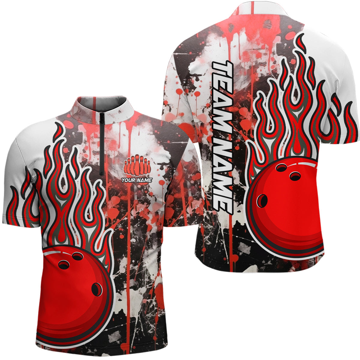 Red Camo Flame Bowling Quarter Zip Shirts Men Custom Bowling Team Jerseys Bowling League Shirts IPHW5418