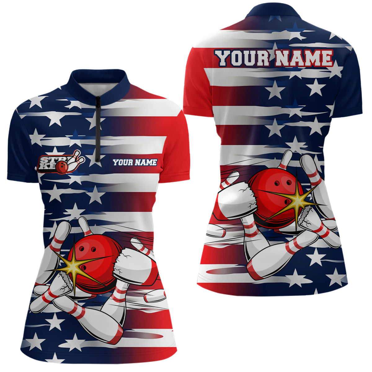 Personalized US Flag Strike Bowling Polo Team Shirts, Patriotic Womens Bowling Shirts IPHW5266