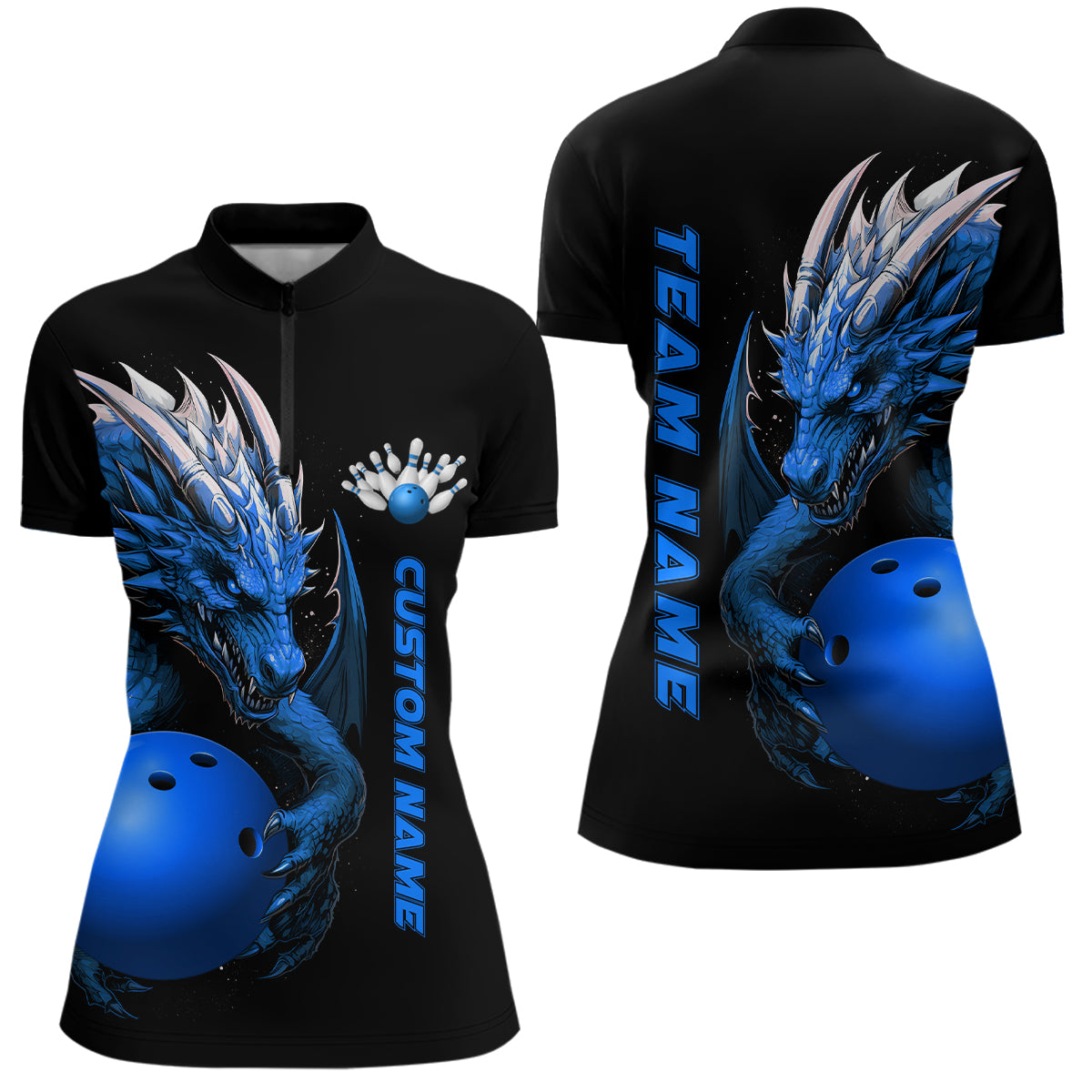 Custom Blue Dragon Women Bowling Quarter-Zip Shirts Team Bowling Jerseys Bowling Apparel IPHW5294