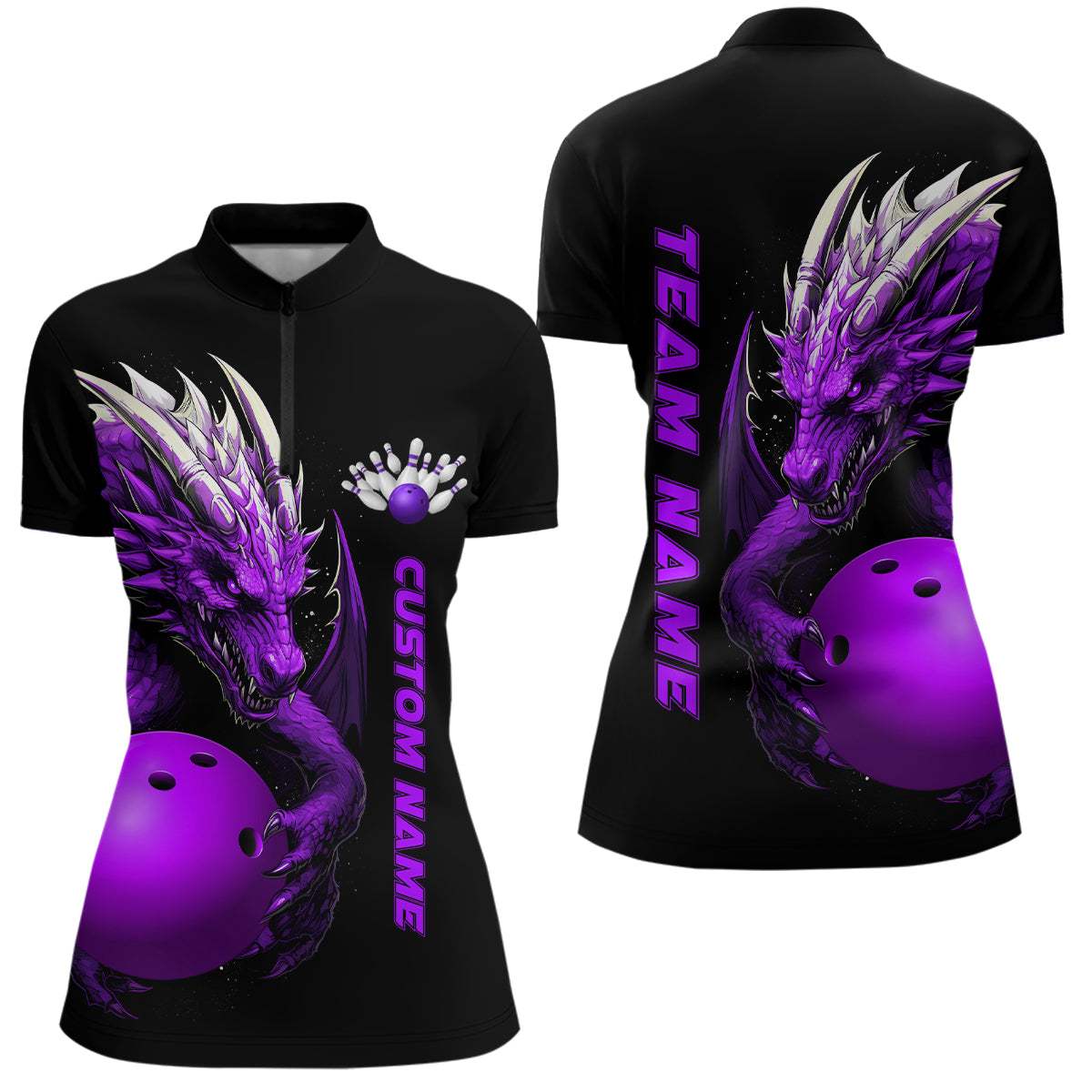 Custom Purple Dragon Women Bowling Quarter-Zip Shirts Team Bowling Jerseys Bowling Apparel IPHW5296