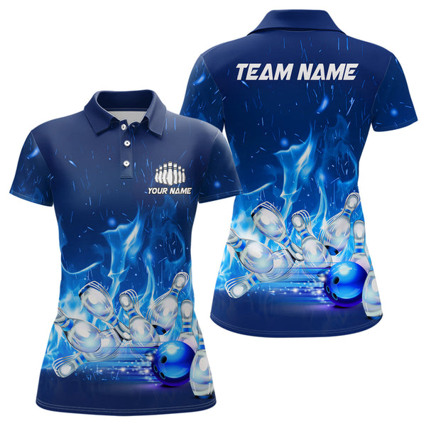 Custom Bowling Shirts For Women Blue Flame Bowling Team Jersey Bowling League Outfits Bowlers Gifts IPHW5493