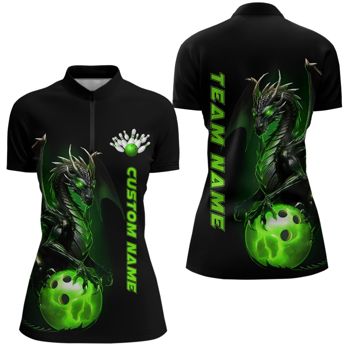 Custom Women Bowling Quarter Zip Shirts Green Dragon Bowling Team Jerseys Bowling League IPHW5350