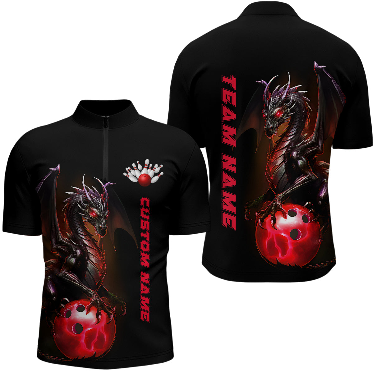 Custom Men Bowling Quarter Zip Shirts Red Dragon Bowling Team Jerseys Bowling League Shirts IPHW5352