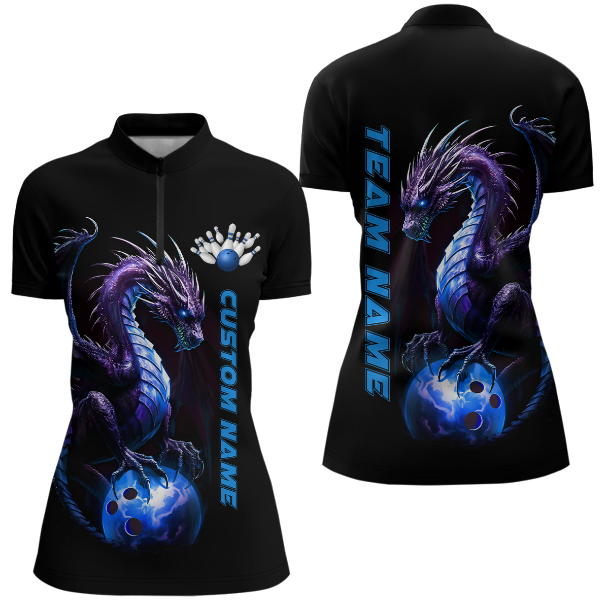 Personalized Blue Dragon Bowling Team Jerseys Women Quarter Zip Shirts Bowling League IPHW5353