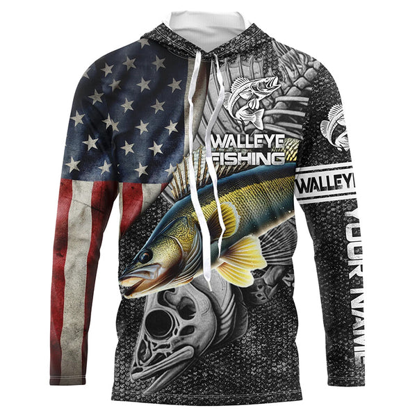 Walleye Fishing American Flag patriotic Custom Name UV protection long sleeve fishing shirts NQS1389